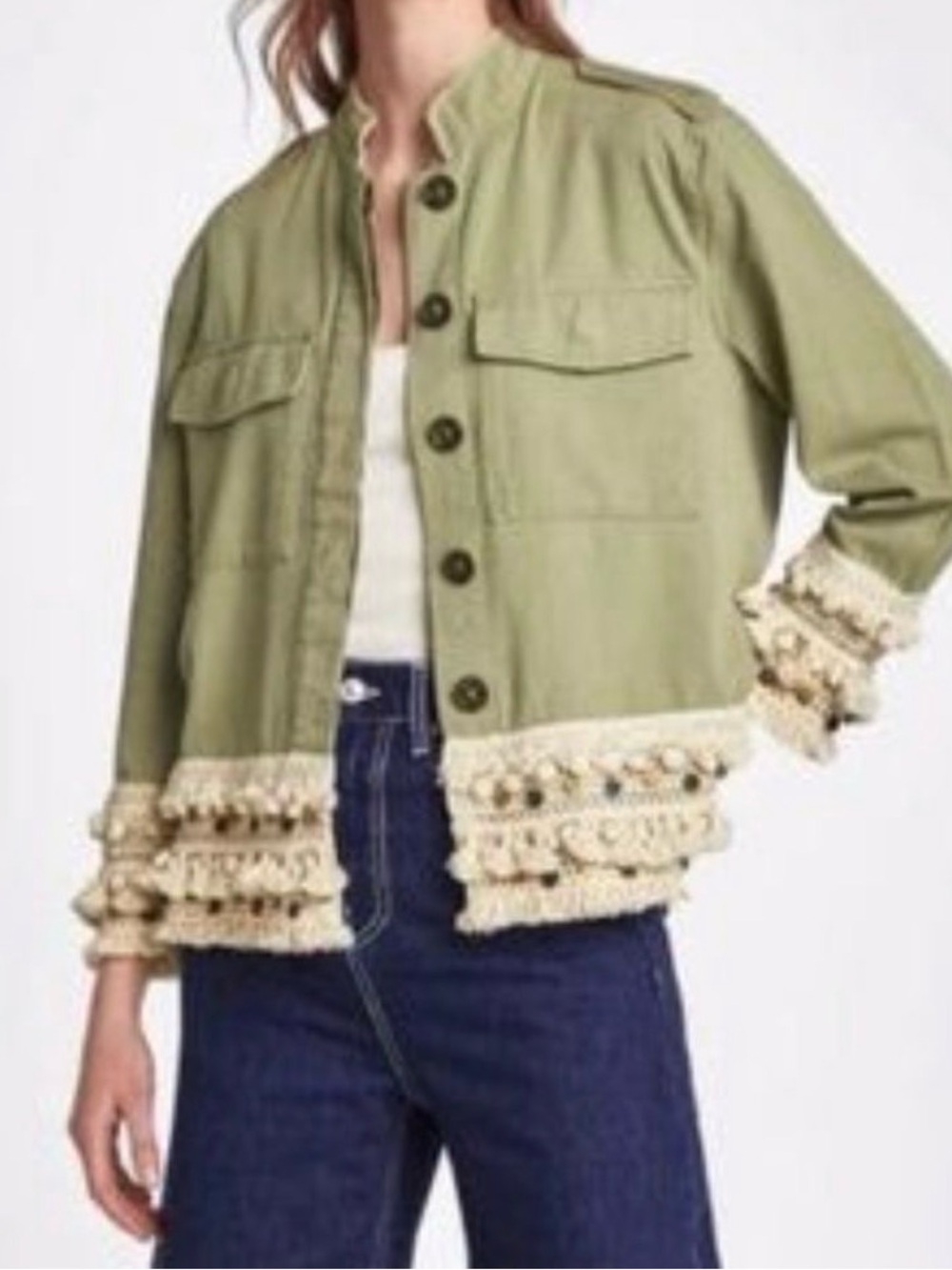 Zara Olive Green Utility Jacket with Cream Crochet Trim